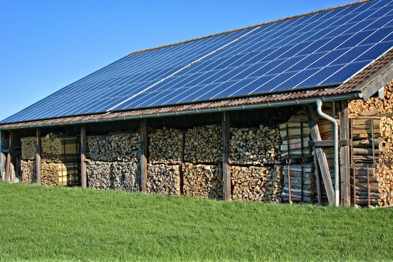 Holzscheune mit gestapeltem Brennholz, deren ganze Dachfläche mit Solarmodulen bedeckt ist